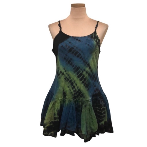 Vintage 90s Drop Waist Mini Dress Size Small Blue Tie Dye - Picture 1 of 8
